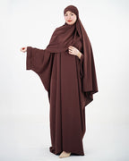 Abaya ample en crêpe avec grand voile assorti – Marron