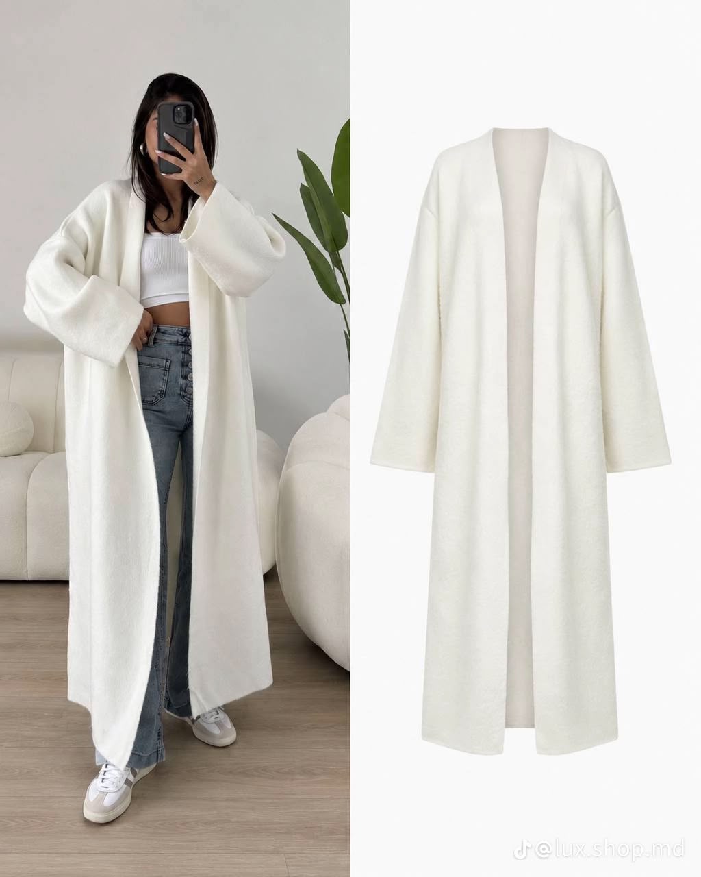 Kimono Roussia blanc en maille – coupe longue