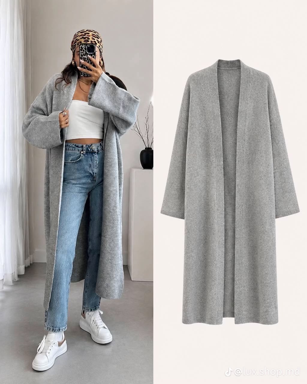 Kimono Roussia gris en maille – coupe longue
