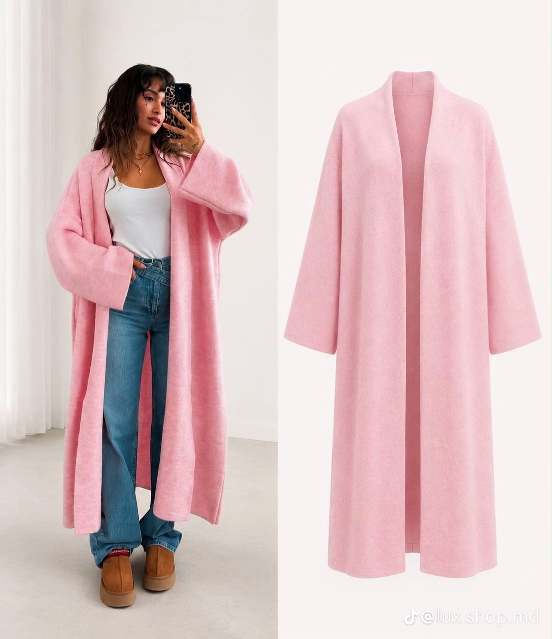 Kimono Roussia rose en maille – coupe longue