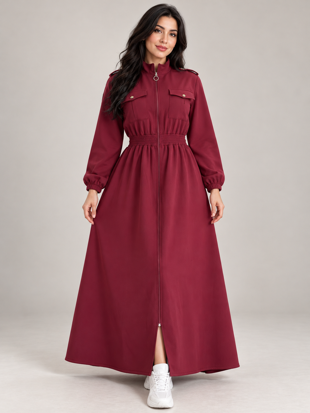 Robe longue évasée zippée à taille smockée et poches poitrine — Bordeaux