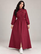 Robe longue évasée zippée à taille smockée et poches poitrine — Bordeaux