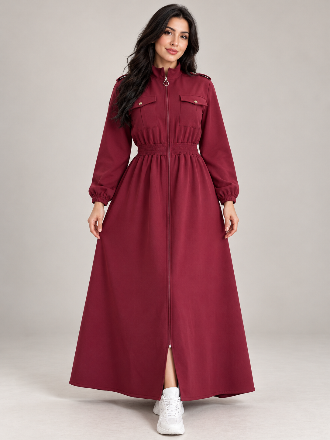 Robe longue évasée zippée à taille smockée et poches poitrine — Bordeaux
