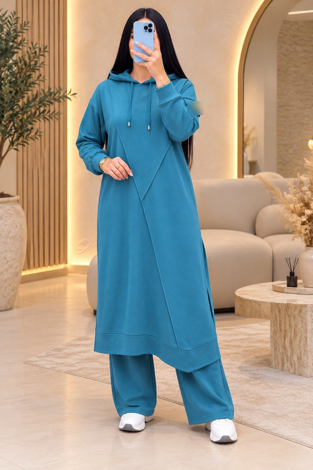 Ensemble long à capuche – Bleu pétrole
