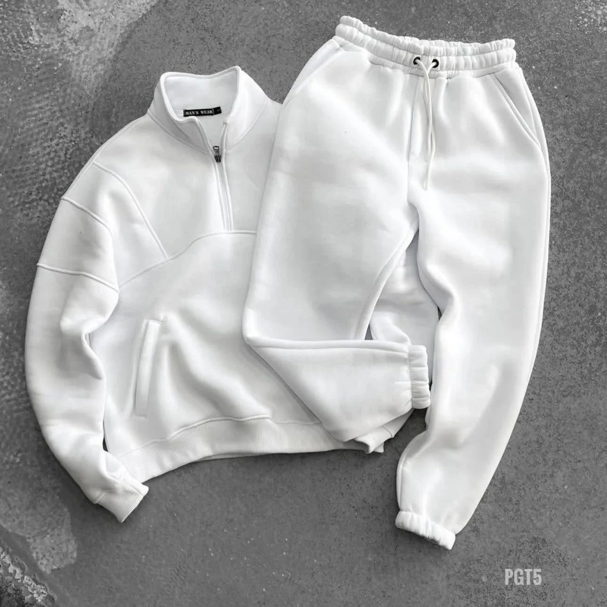 Ensemble homme en molleton à col montant demi-zippé — Blanc