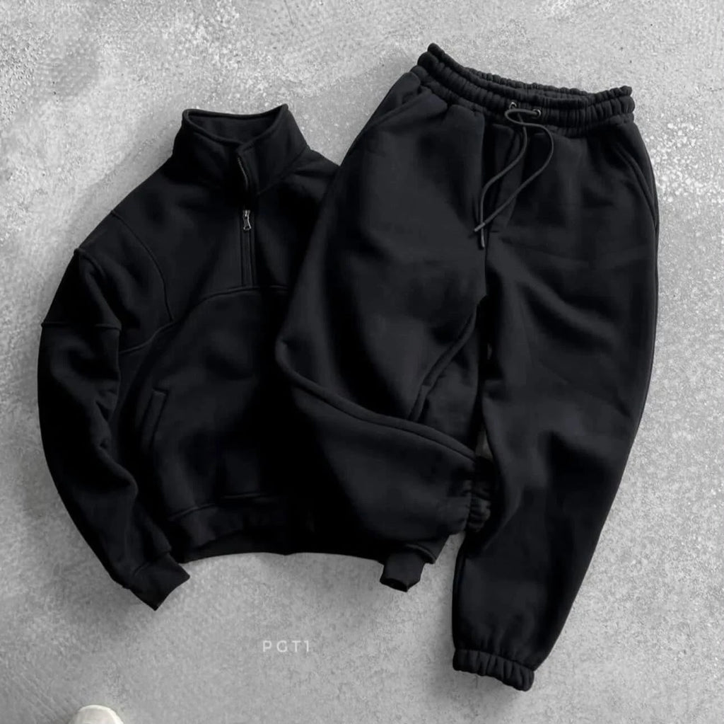 Ensemble homme en molleton à col montant demi-zippé — Noir