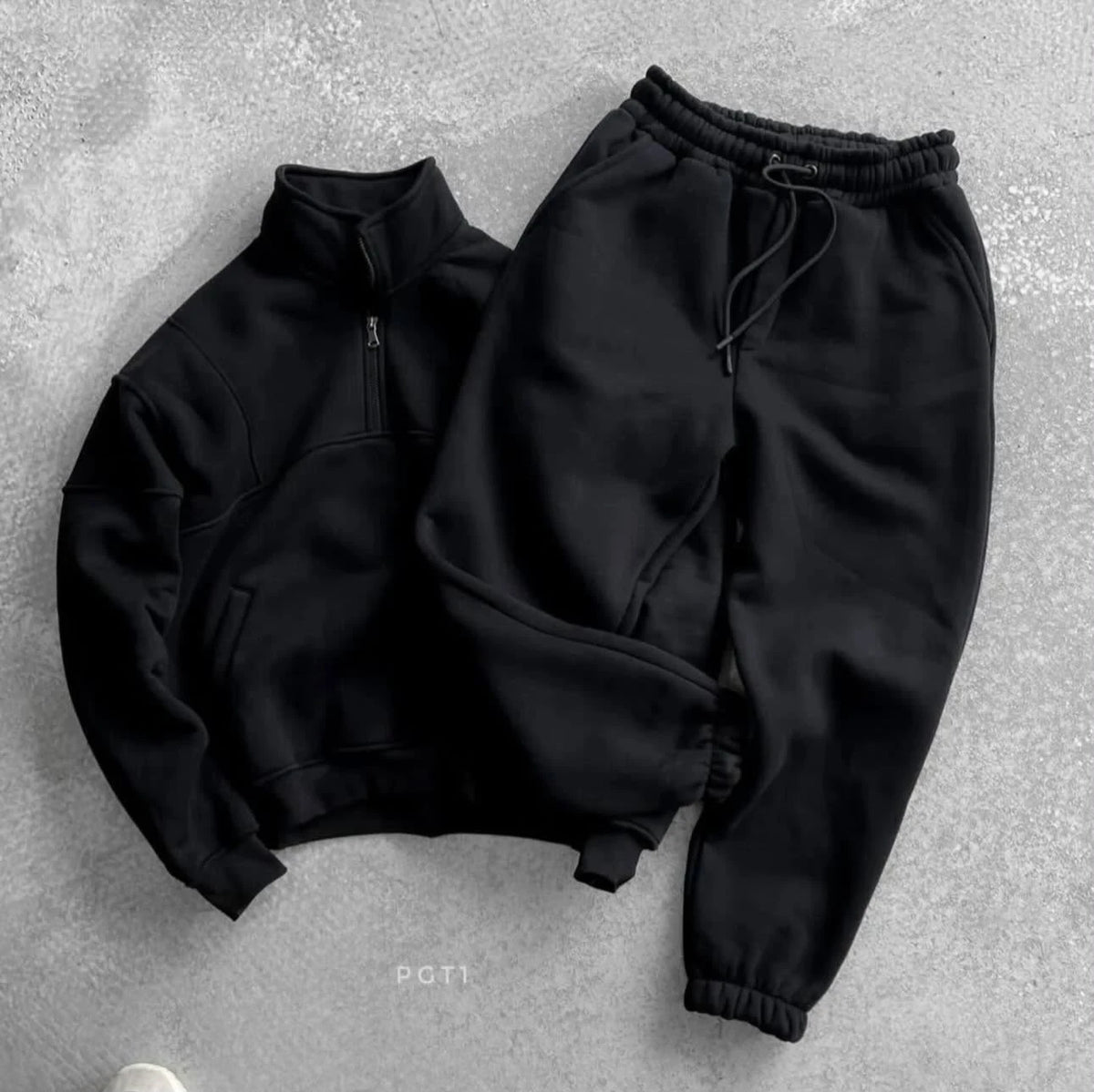 Ensemble homme en molleton à col montant demi-zippé — Noir