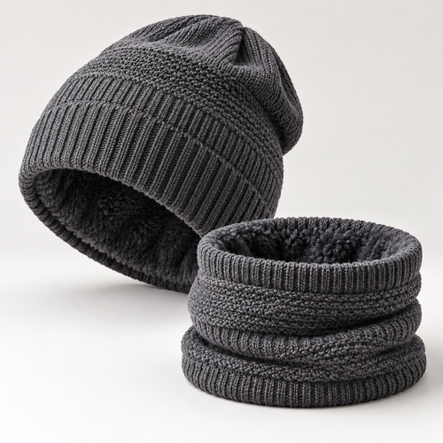 Bonnet et tour de cou gris foncé à doublure douce, photo studio
