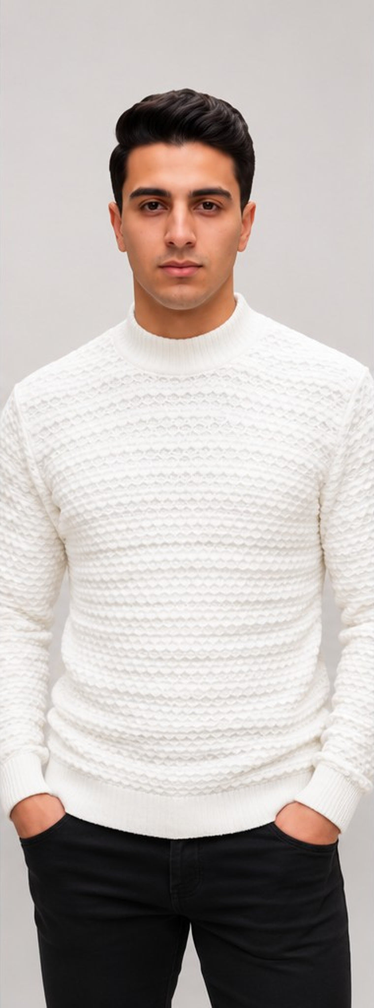 Pull homme en maille nid d’abeille - Blanc - photo studio
