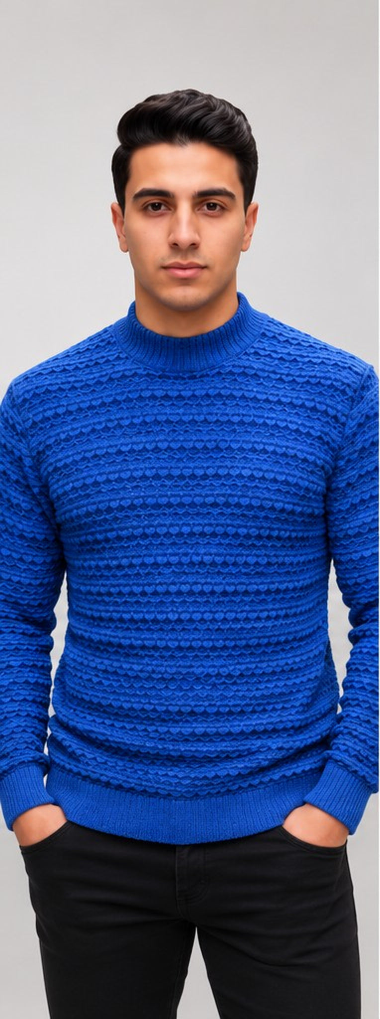 Pull homme en maille nid d’abeille - Bleu roi - photo studio