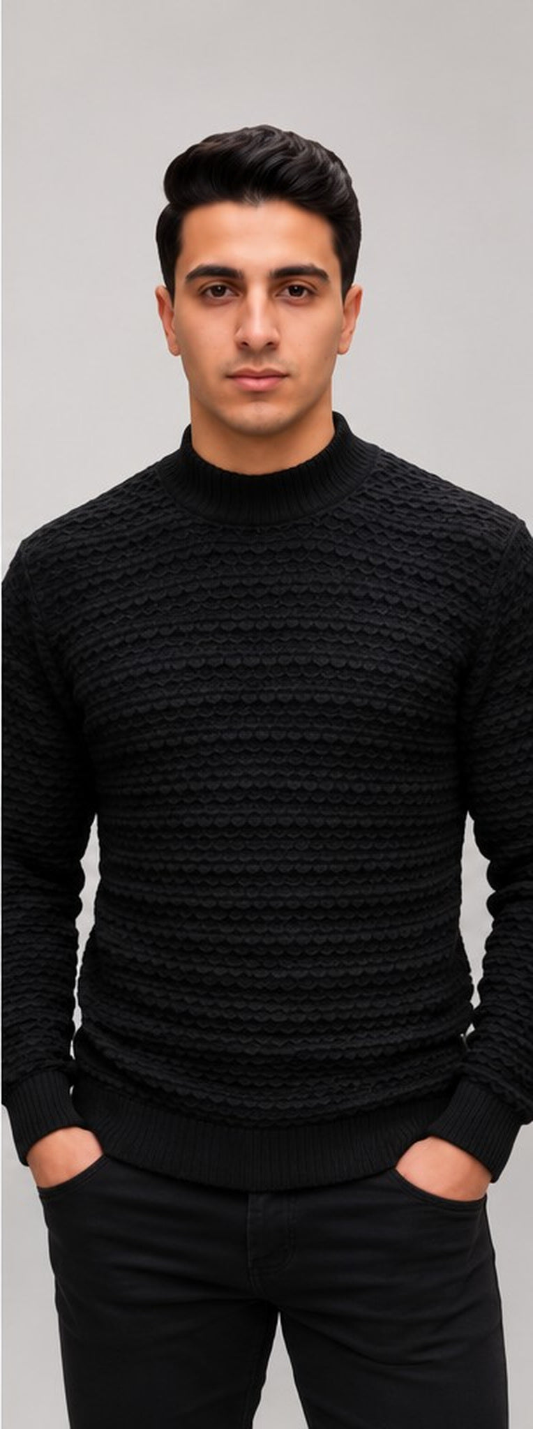 Pull homme en maille nid d’abeille - Noir - photo studio