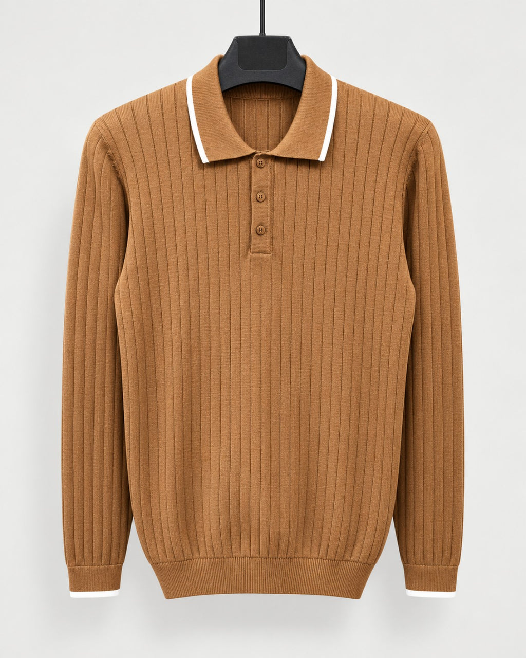 Pull polo homme en maille côtelée - Marron - photo studio sans logo