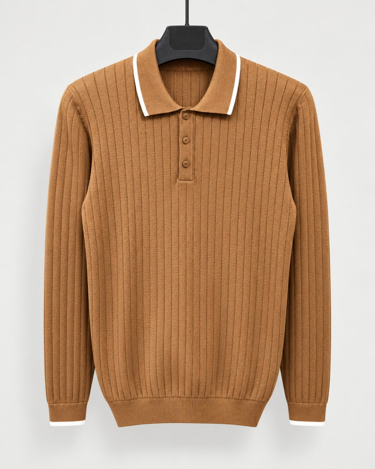 Pull polo homme en maille côtelée - Marron - photo studio sans logo