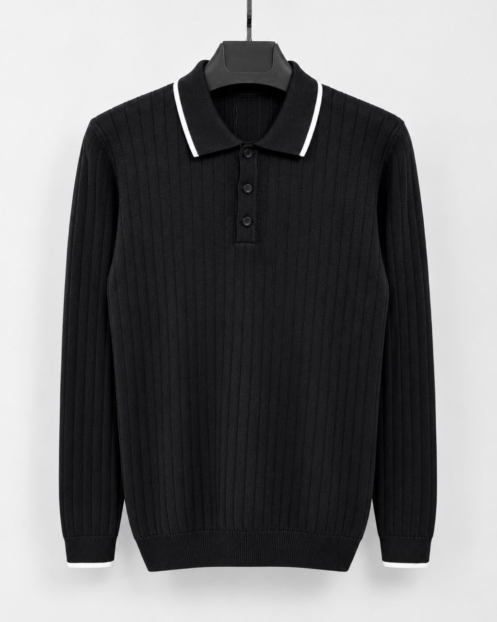 Pull polo homme en maille côtelée - Noir - photo studio sans logo