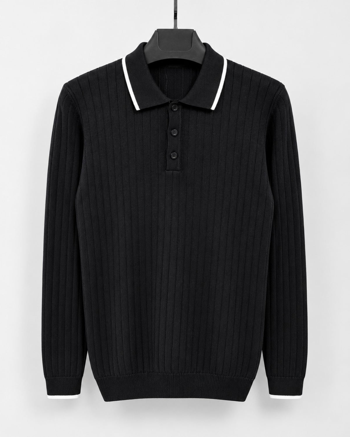 Pull polo homme en maille côtelée - Noir - photo studio sans logo