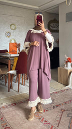 Ensemble femme en jersey à dentelle et pantalon large — Vieux rose