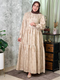 Robe longue beige à motifs et taille froncée — Beige