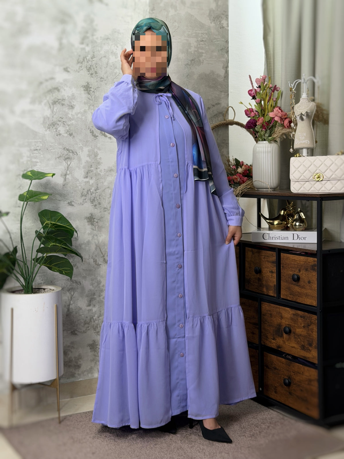 Ensemble abaya deux pièces mauve en crêpe et mousseline — Mauve
