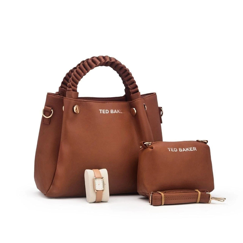 Ensemble sac à anses tressées, pochette et montre — Marron