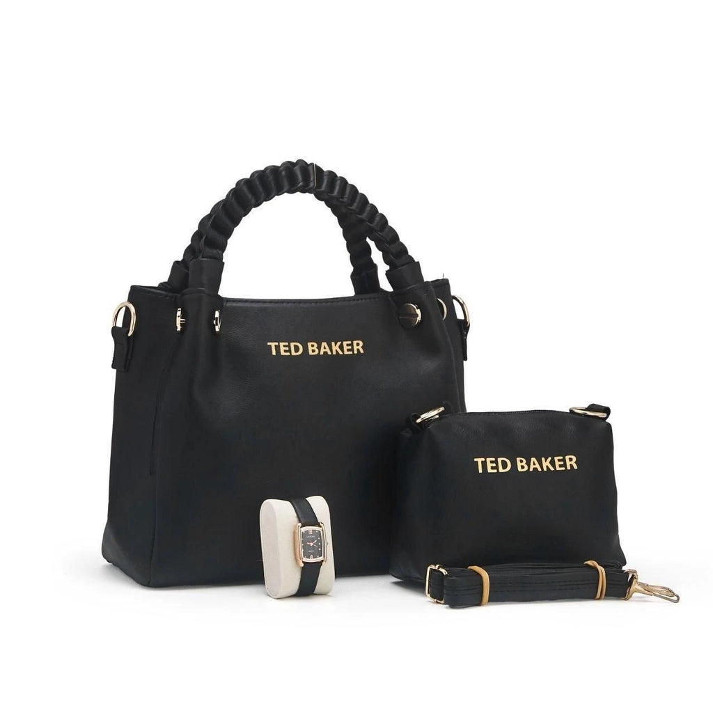Ensemble sac à anses tressées, pochette et montre — Noir