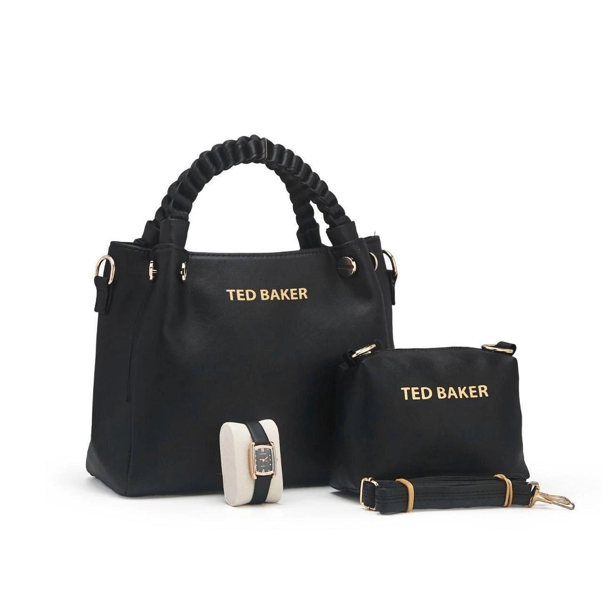 Ensemble sac à anses tressées, pochette et montre — Noir