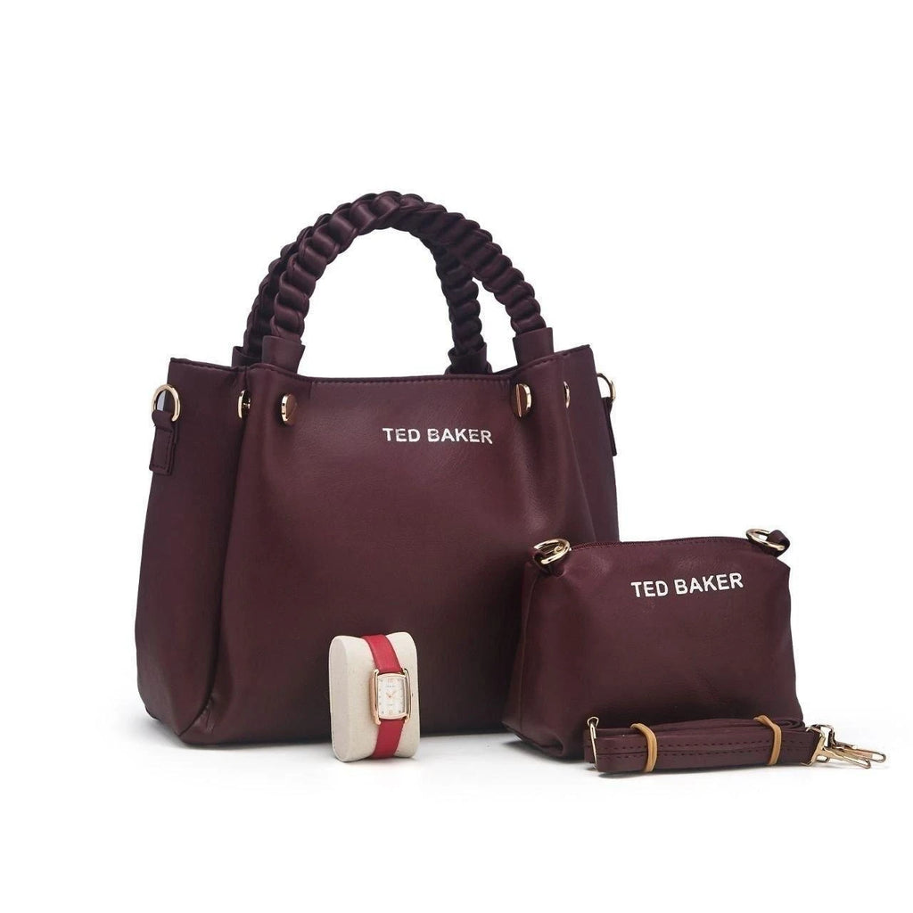 Ensemble sac à anses tressées, pochette et montre — Bordeaux