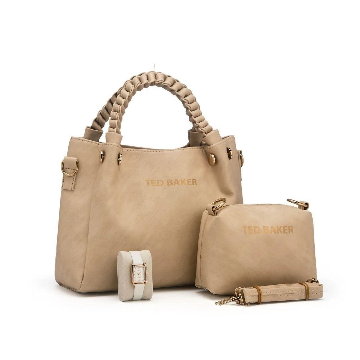 Ensemble sac à anses tressées, pochette et montre — Beige