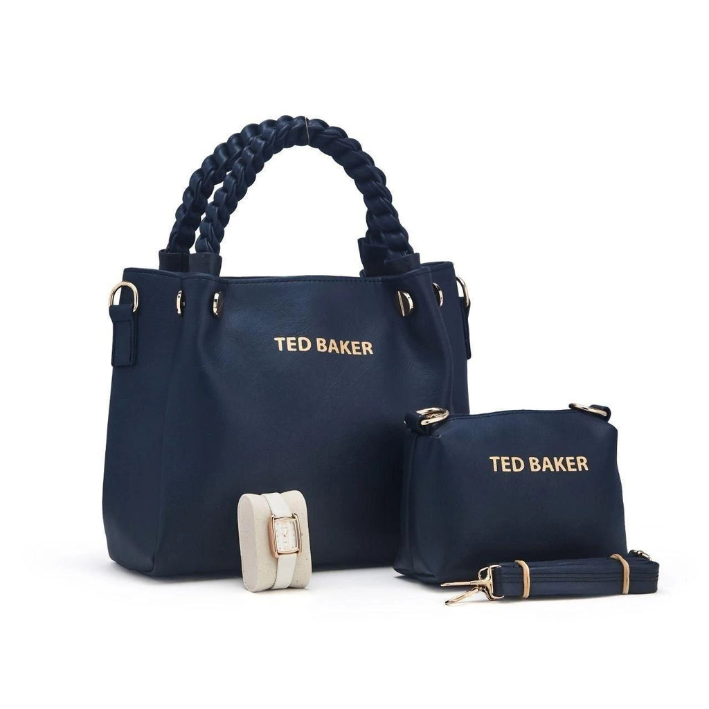 Ensemble sac à anses tressées, pochette et montre — Bleu marine