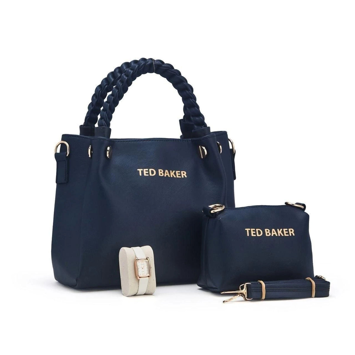 Ensemble sac à anses tressées, pochette et montre — Bleu marine