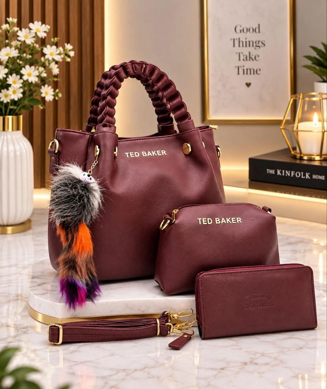 Coffret sac à anses tressées, pochette et portefeuille — Bordeaux