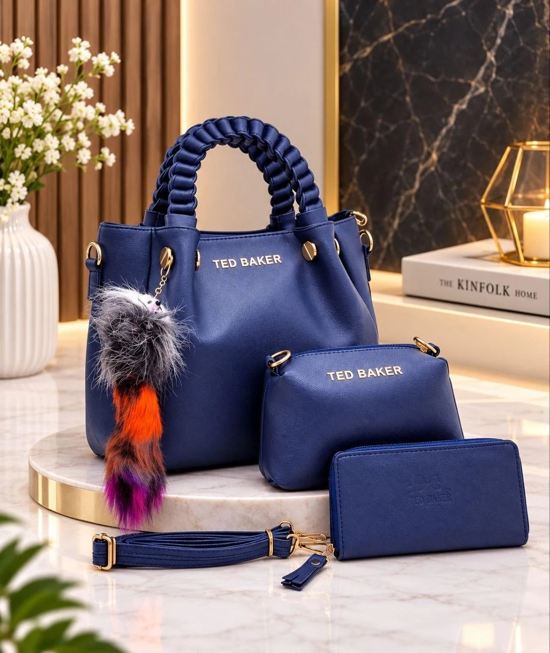 Coffret sac à anses tressées, pochette et portefeuille — Bleu marine