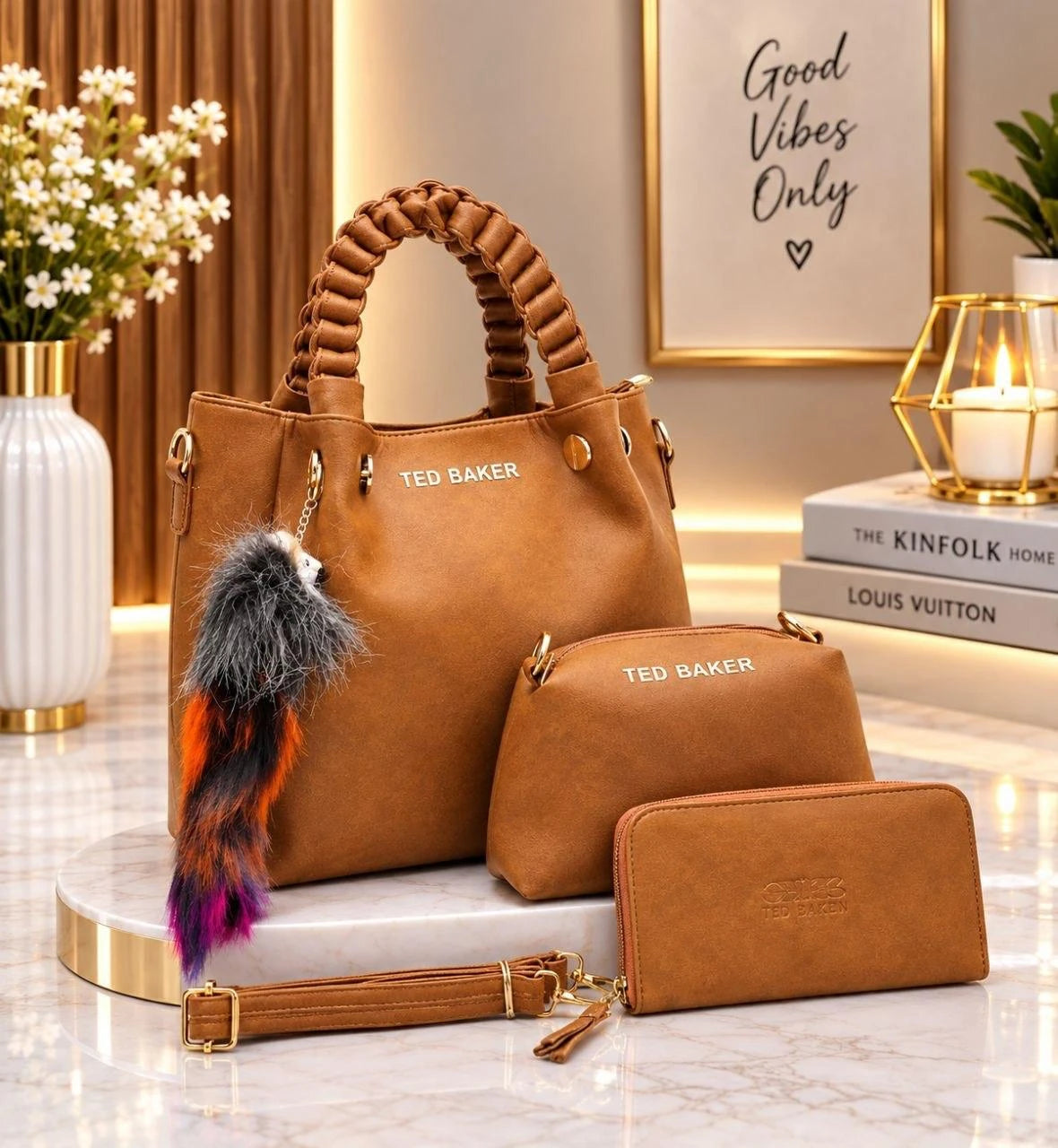 Coffret sac à anses tressées, pochette et portefeuille — Marron