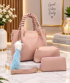 Coffret sac à anses tressées, pochette et portefeuille — Rose