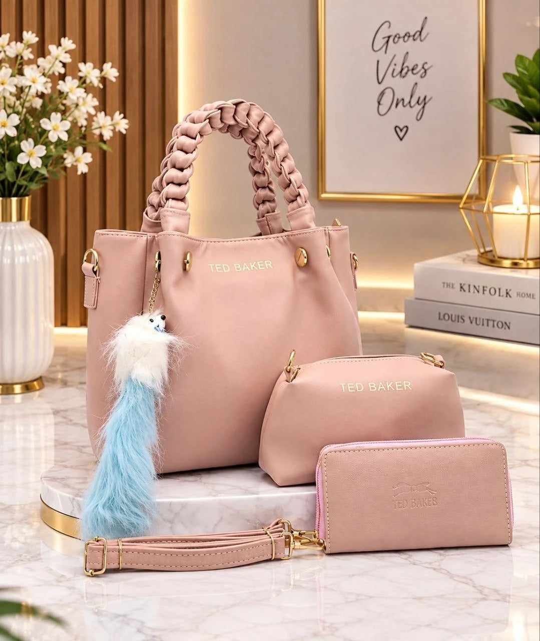 Coffret sac à anses tressées, pochette et portefeuille — Rose