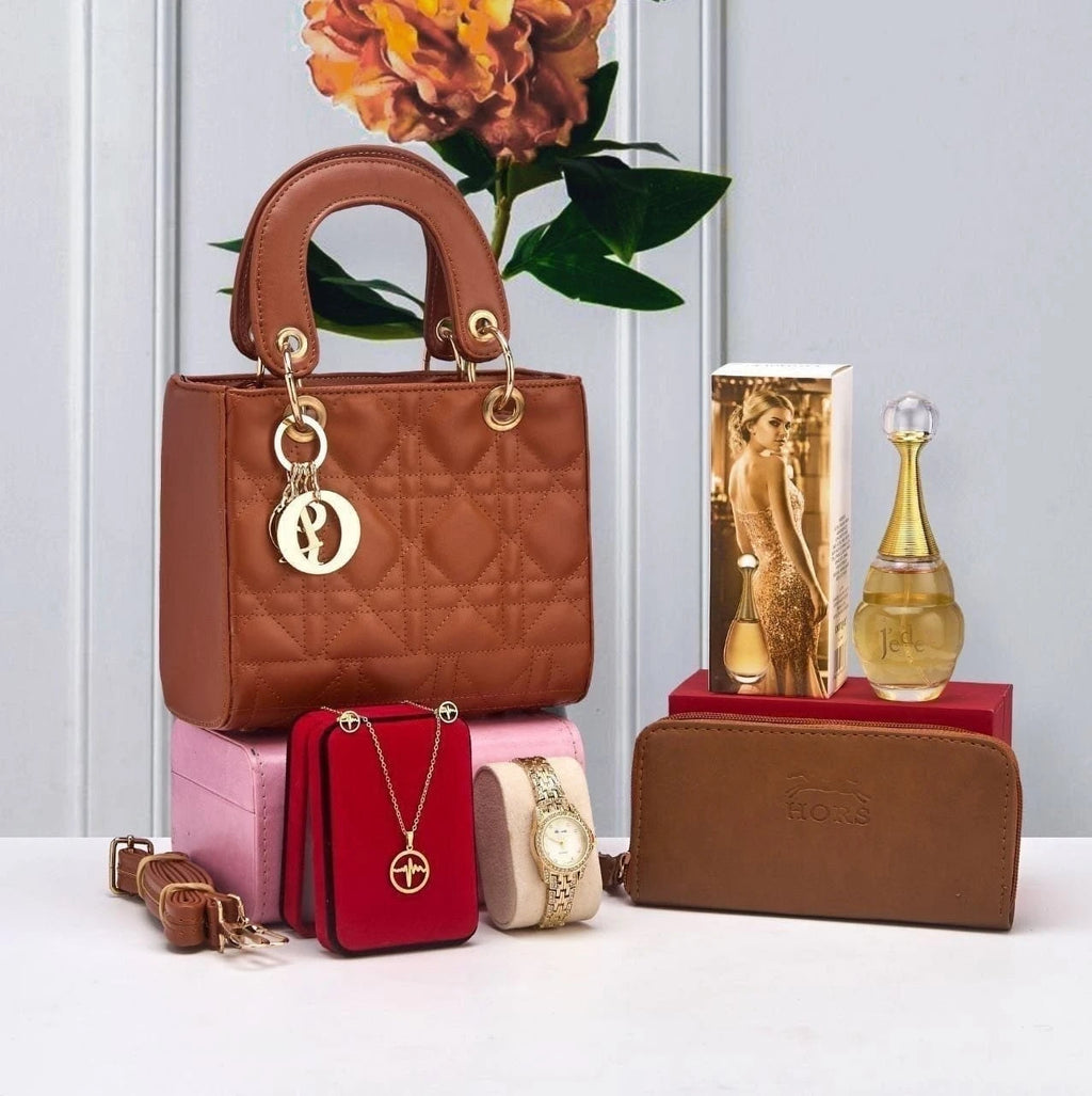 Coffret sac matelassé, portefeuille, montre et accessoires — Marron