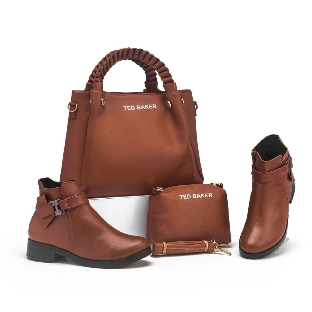 Ensemble sac à anses tressées, pochette et bottines — Marron