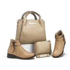 Ensemble sac à anses tressées, pochette et bottines — Beige