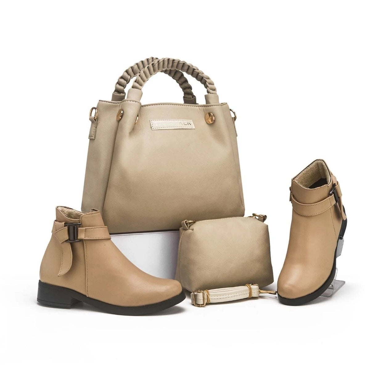Ensemble sac à anses tressées, pochette et bottines — Beige