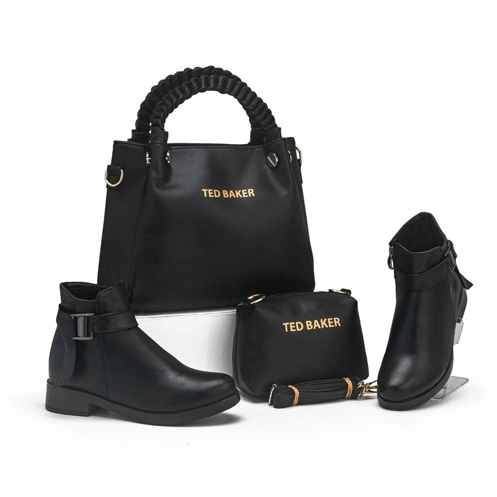 Ensemble sac à anses tressées, pochette et bottines — Noir