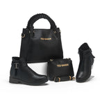 Ensemble sac à anses tressées, pochette et bottines — Noir