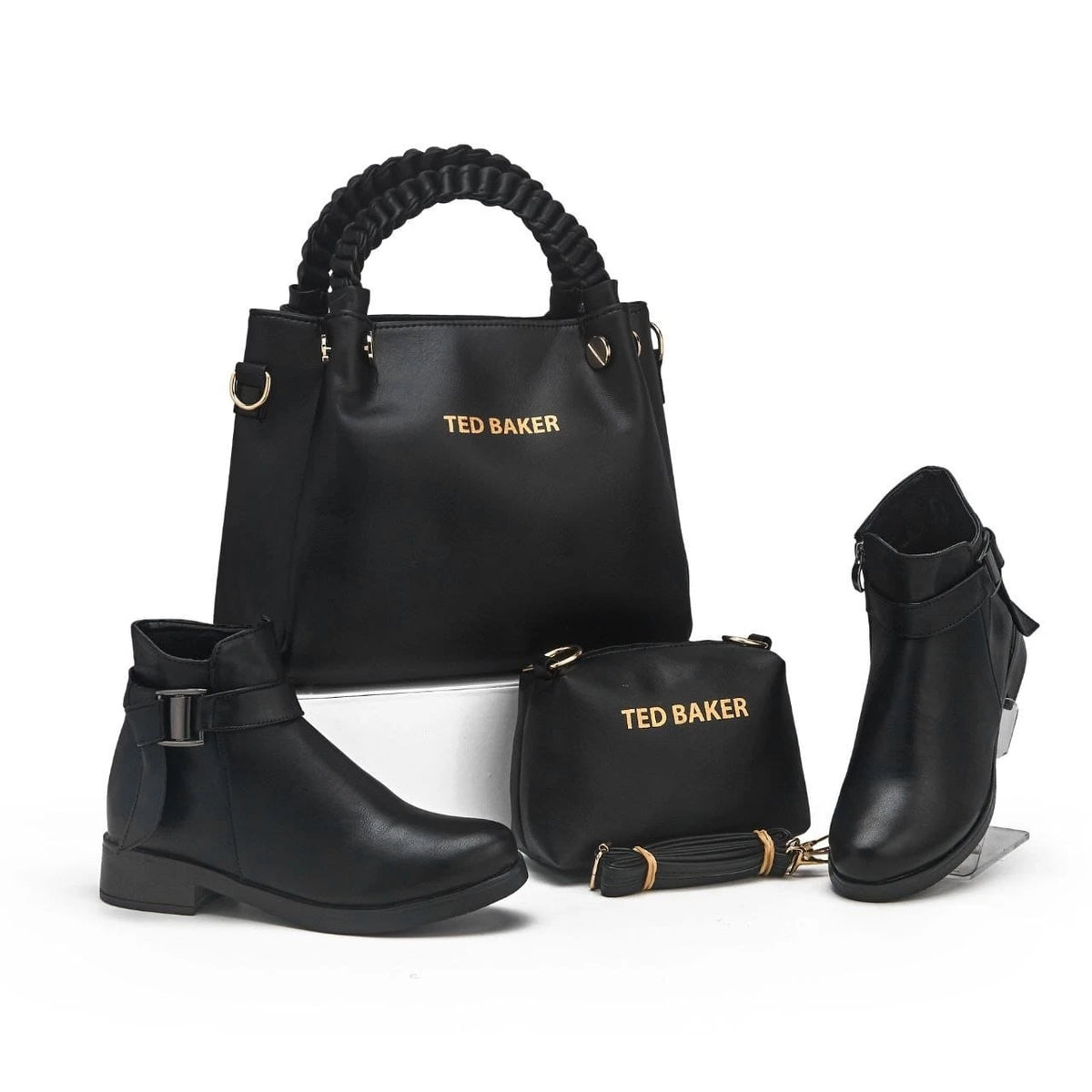 Ensemble sac à anses tressées, pochette et bottines — Noir