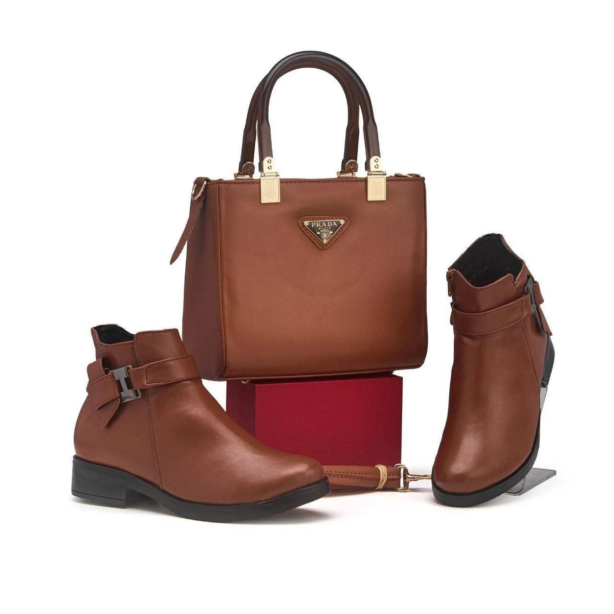 Ensemble sac structuré à poignées rigides et bottines — Marron
