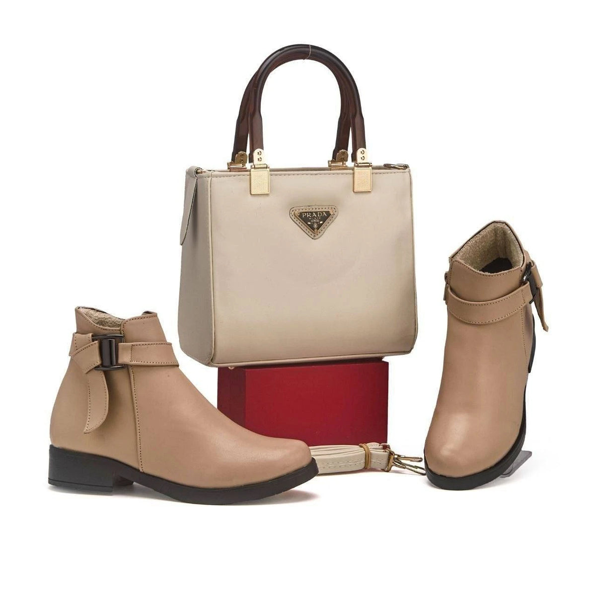 Ensemble sac structuré à poignées rigides et bottines — Beige