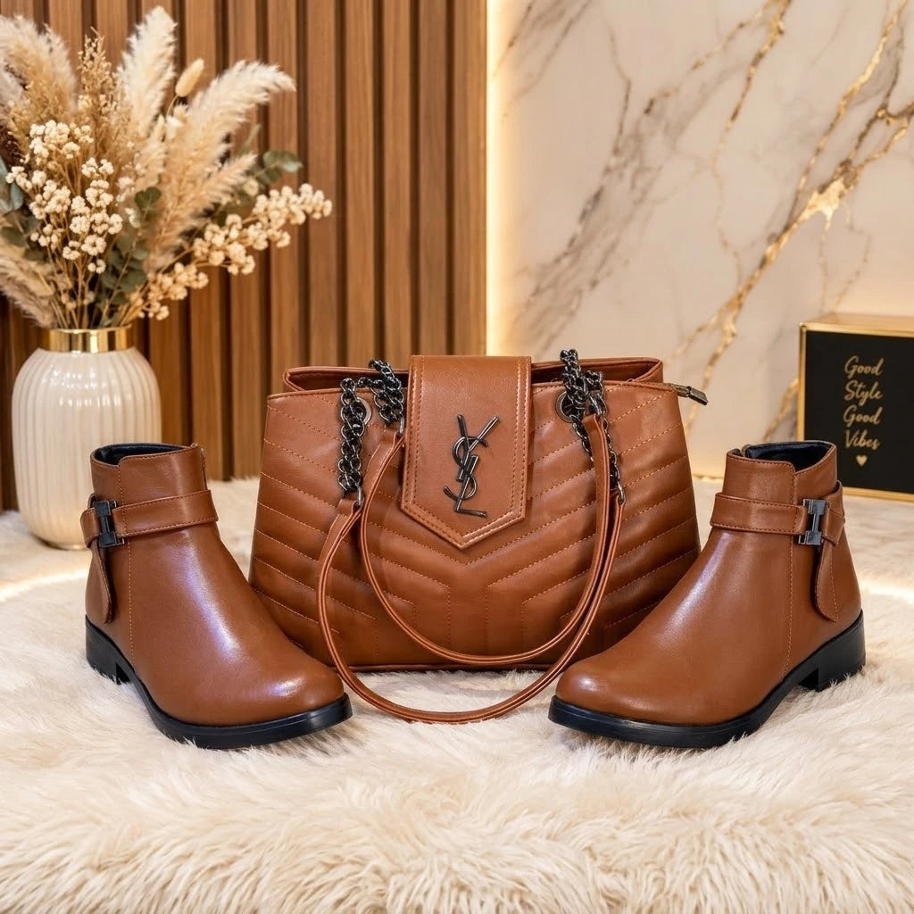 Ensemble sac à rabat chevron et bottines à boucle — Marron