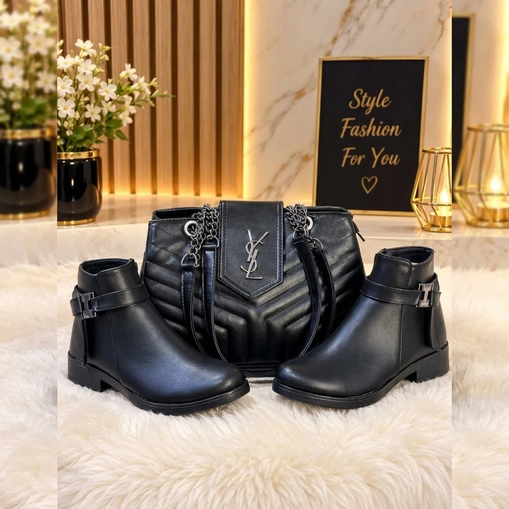 Ensemble sac à rabat chevron et bottines à boucle — Noir