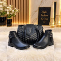 Ensemble sac à rabat chevron et bottines à boucle — Noir