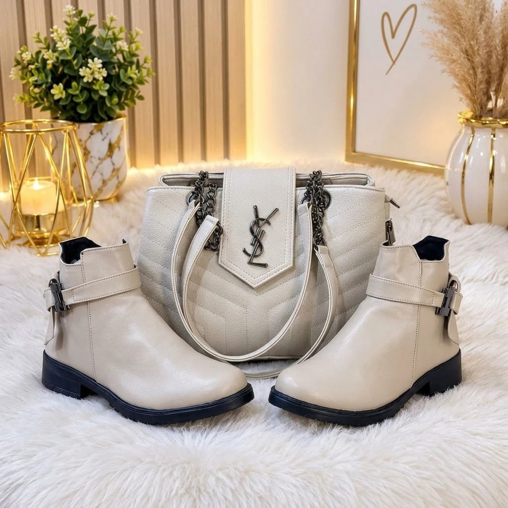Ensemble sac à rabat chevron et bottines à boucle — Beige