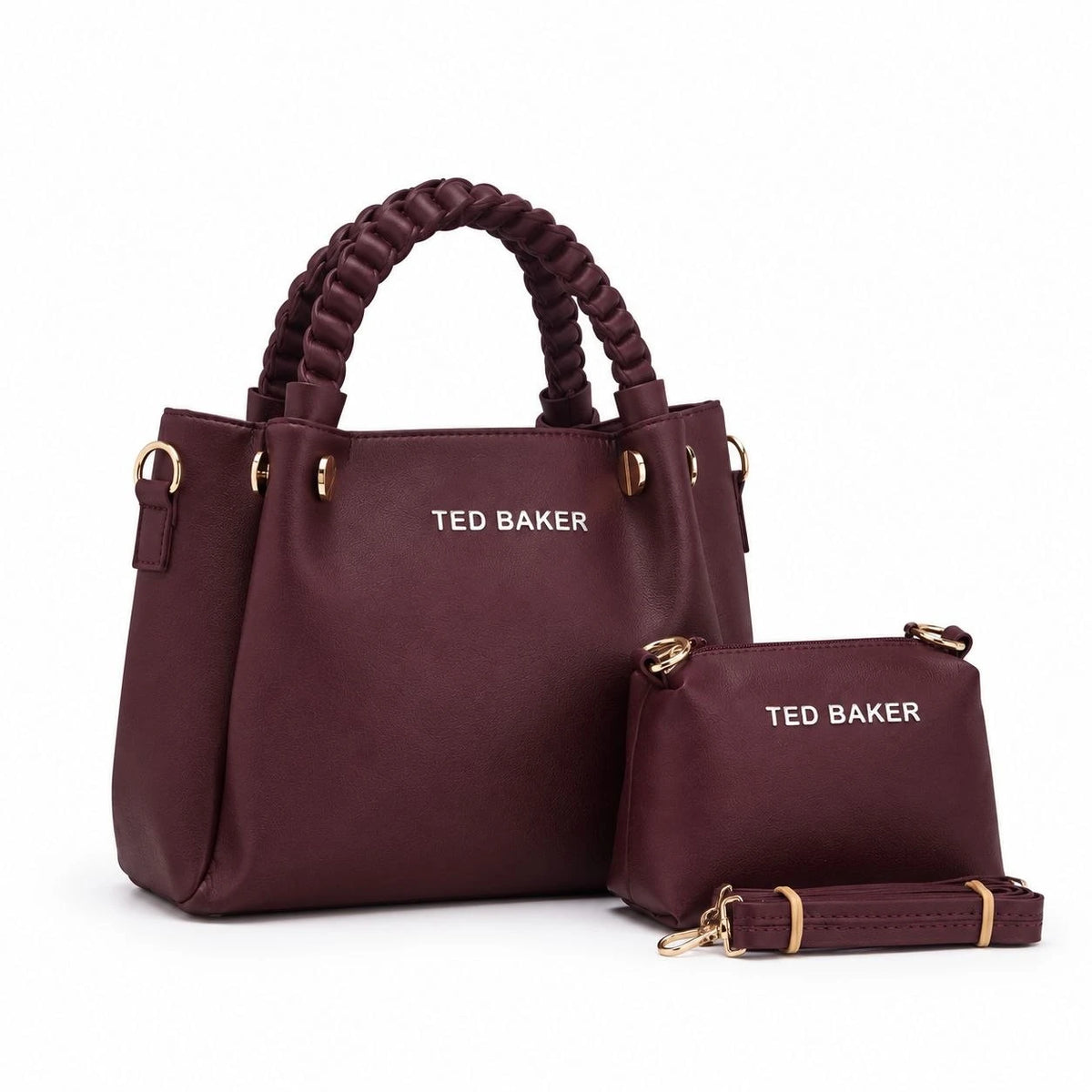 Duo sac à anses tressées et pochette assortie — Bordeaux