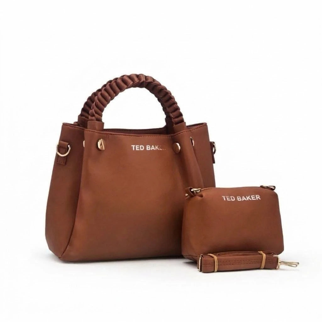 Duo sac à anses tressées et pochette assortie — Marron