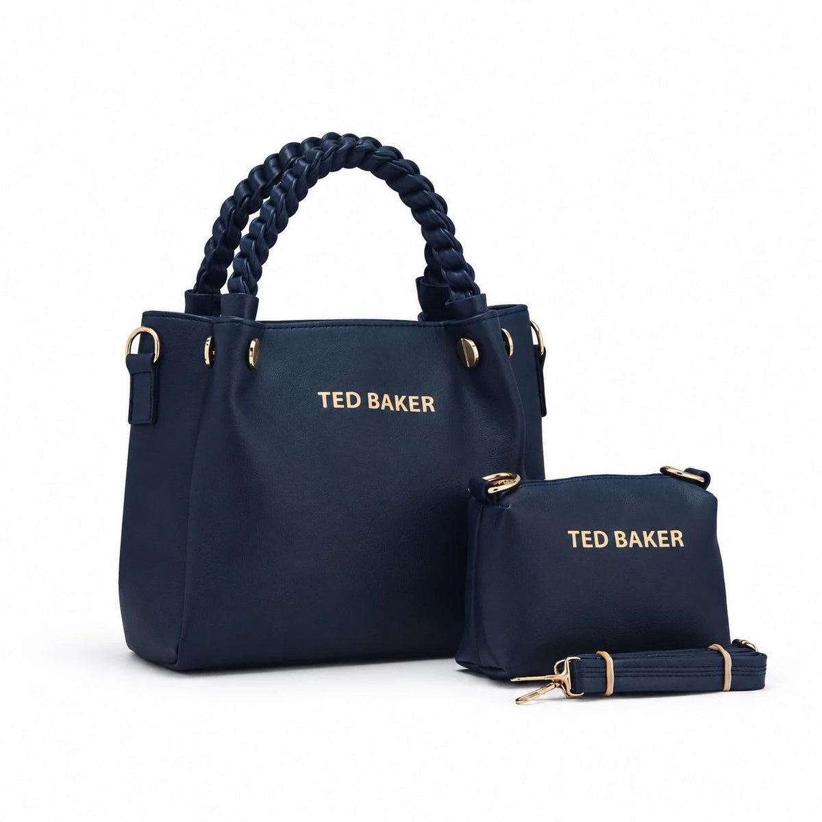 Duo sac à anses tressées et pochette assortie — Bleu marine